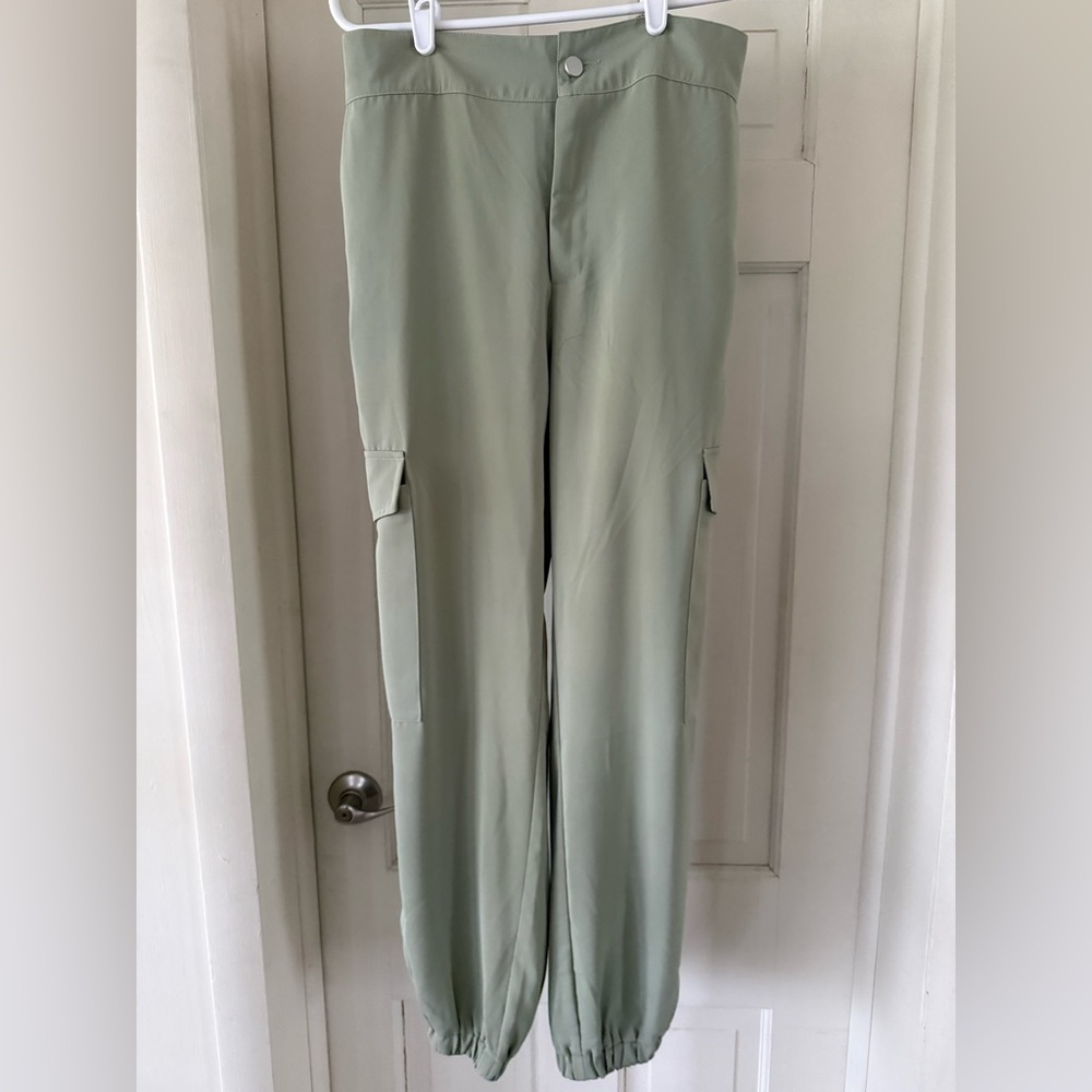 entro Sage Green Elastic Waist Cargo Trousers